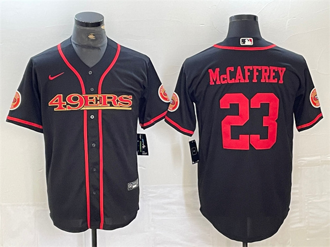 Men's San Francisco 49ers #23 Christian McCaffrey Black With Patch Cool Base Stitched Baseball Jersey Men's San Francisco 49ers #23 Christian McCaffrey Black With Patch Cool Base Stitched Baseball Jersey